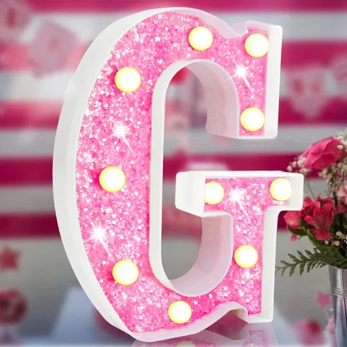 Miniatura 25 de Letras rosas iluminadas, letras del alfabeto con purpurina, letras LED de marquesina, que funcionan con pilas, para iluminar por la noche
