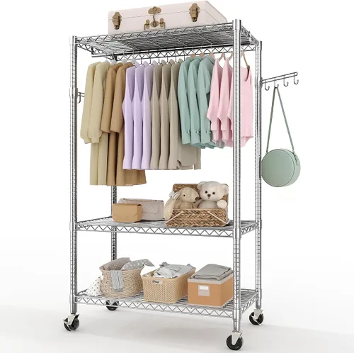 Miniatura 12 de Perchero de ropa resistente, perchero portátil de metal con estantes ajustables de 3 niveles, estantes de ropa independientes para colgar ropa