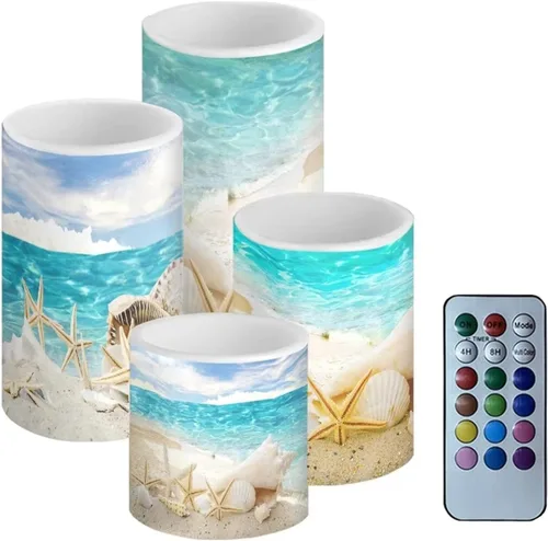 Miniatura 29 de Velas LED parpadeantes operadas por batería, juego de 4 con control remoto y temporizador, velas de llama danzante, velas de pilar para mesa, Playa