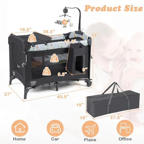 Miniatura 2 de Baby Joy Paquete y juego 4 en 1, cama de noche para bebé con moisés, 3 alturas ajustables, caja de música, fácil de instalar, cuna plegable
