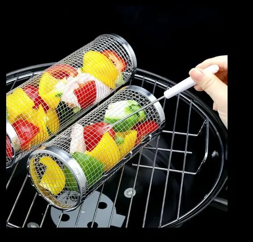 Miniatura 4 de Cesta rodante para barbacoa con tapa, cesta de barbacoa de acero inoxidable para exteriores, accesorios de cocina cilíndricos de malla redonda