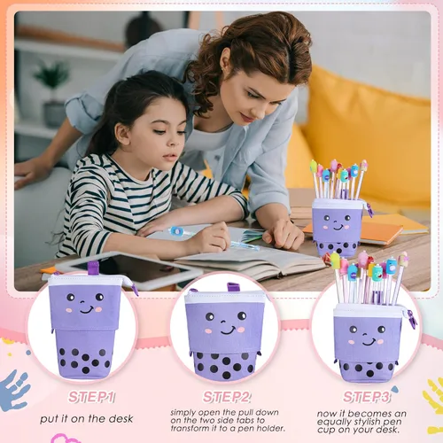 Miniatura 3 de Sabary Kawaii - Juego de papelería – Bolsa telescópica para lápices Boba, lápiz de tinta de gel, resaltador de píldoras de té de burbujas