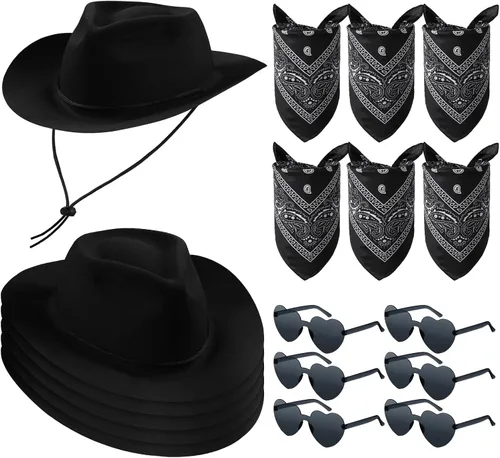Miniatura 7 de Newcotte Juego de 18 Piezas de Sombreros de Plástico de Vaquero Occidental Incluye 6 Sombreros 6 Bandanas Paisley 6 Pares de Gafas