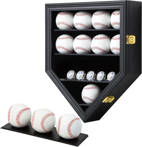 Miniatura 6 de Grintus 30 expositores de béisbol de madera para pelotas de béisbol de montaje en pared, caja de sombra de béisbol con cerradura antidecoloración
