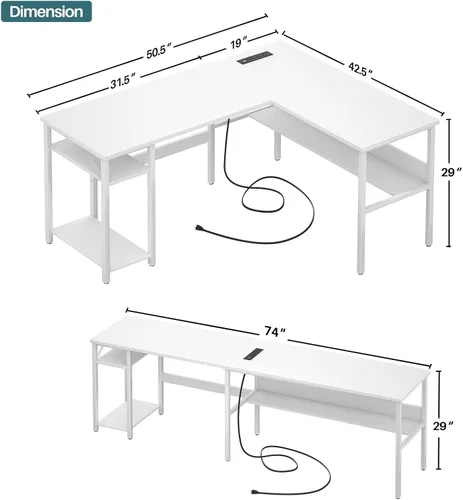 Miniatura 3 de Unikito Escritorio reversible para computadora en forma de L con tomas de corriente mágicas y puertos de carga USB, escritorio esquinero resistente