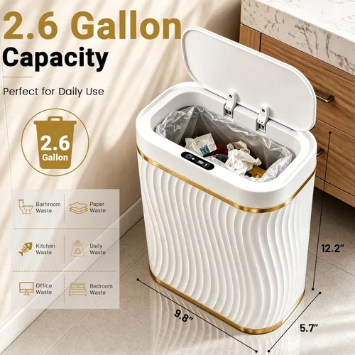 Miniatura 2 de Cubo de basura pequeño para baño con tapa automática sin contacto, bote de basura inteligente de 2.6 galones, contenedor de basura estrecho e 2.6
