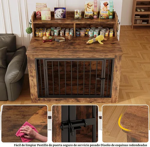 Miniatura 5 de IRONCK Mueble de jaula extragrande para perros, jaula de madera de 43.3 pulgadas con almacenamiento y 4 ganchos, jaula resistente para perros Marrón