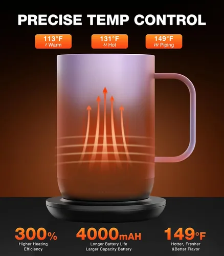 Miniatura 2 de Kepwam Taza de Café Autocalentante T1, Taza de Café Recargable Calentada de 16oz, Taza de Café Inteligente con Calentamiento Controlado por