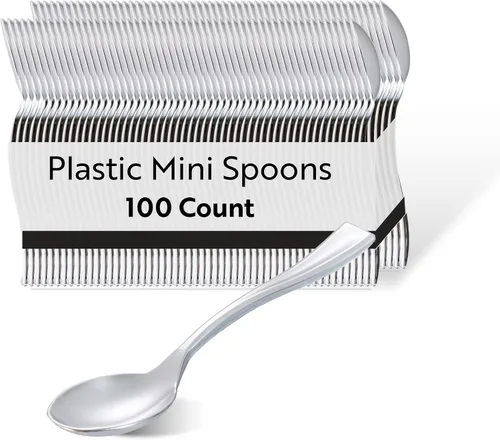 Restaurantware Mini cucharas desechables de 4 pulgadas, 100 cucharas pequeñas desechables, par de alta resistencia con aperitivos o postres, plateado