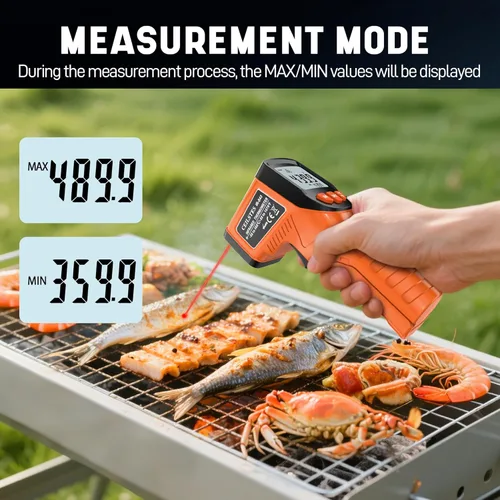 Miniatura 3 de Pistola termómetro infrarroja, pistola de temperatura infrarroja para cocinar, pistola de termómetro láser de -58 ℉ ~ 1076 ℉ con emisividad Naranja