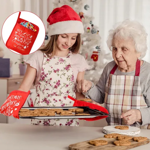 Miniatura 5 de 6 agarraderas de Navidad con bolsillo para cocina, almohadilla caliente, manoplas de horno de granja, bolsa de galletas para regalo de Navidad, verde