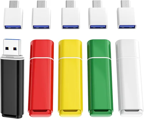 ABLAZE Memorias USB 2.0 de 1 GB, paquete de 5 unidades con adaters tipo C, memorias USB de 1 GB para PC/Smartphones/Computadora