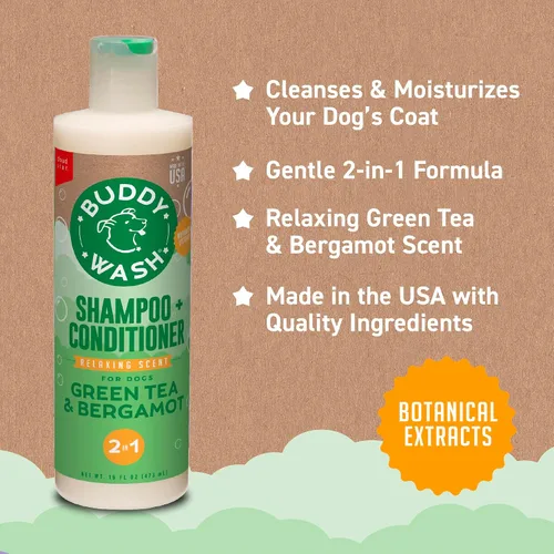 Miniatura 6 de Buddy Grooming Wash Champú 2 en 1 para perros, té verde y bergamota, botella de 16 onzas