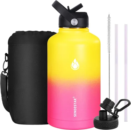 Miniatura 20 de SENDESTAR Botella de agua aislada de 24 onzas, boca ancha, botella de agua de 24 onzas con tapa con popote, tapa de boquilla, acero inoxidable