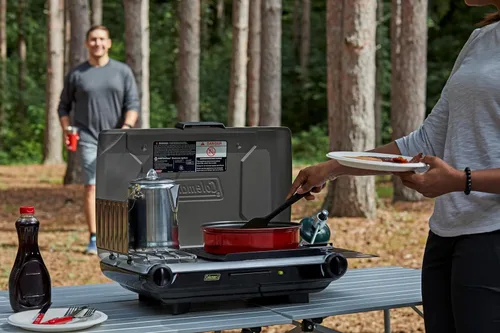 Miniatura 3 de Coleman Parrilla y estufa de mesa 2 en 1 con 2 quemadores ajustables, parrilla y estufa a propano con encendido de botón, protectores contra