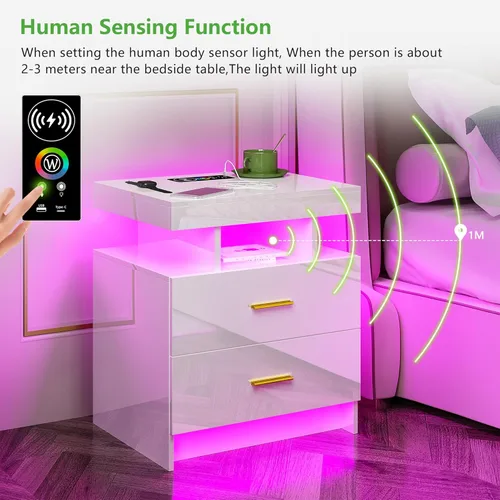 Miniatura 7 de HNEBC Mesita de noche LED, RGB blanco con estación de carga USB/inalámbrica, moderna mesita de noche con sensor automático de luces RGB, mesa blanco