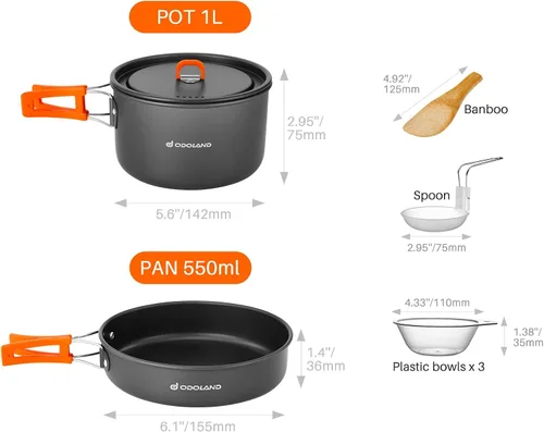Miniatura 4 de Odoland Juego de ollas y sartenes ligeras antiadherentes con cuencos de plástico, cuchara de sopa para mochileros, cocina al aire libre y picnic