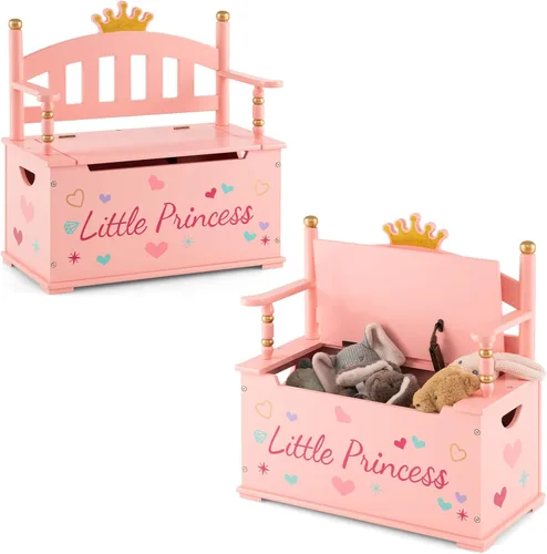 Miniatura 11 de HONEY JOY Caja de juguetes de madera para niños, baúl grande 2 en 1 de almacenamiento de juguetes con asiento acolchado acolchado, asas