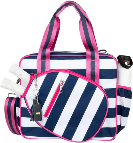 Miniatura 11 de Linda bolsa de pickleball Prepster para mujeres con gancho para cerca, bolso con bolsillos para botella de agua, palas, pelotas, accesorios