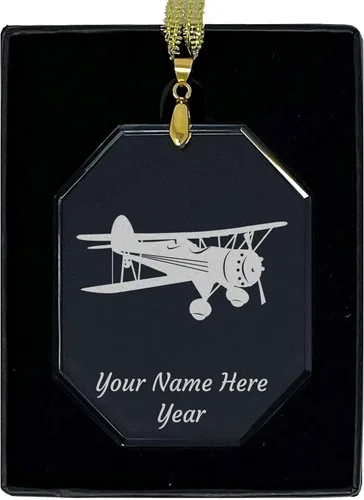 Miniatura 7 de LaserGram Adorno de Navidad de vidrio personalizado, biplano, idea de regalo grabada con láser personalizada (forma de diamante)