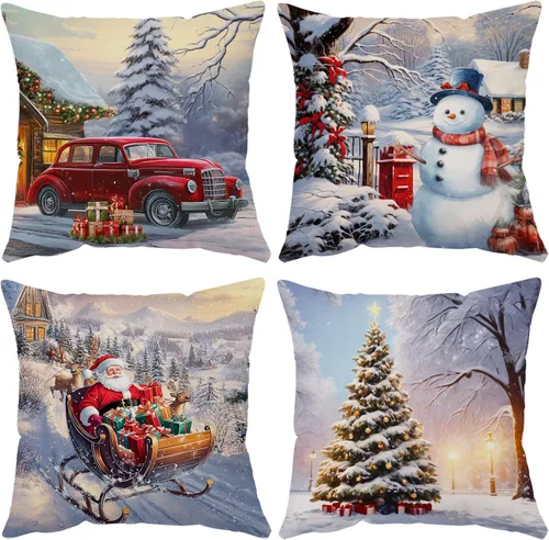Miniatura 16 de Juego de 4 fundas de almohada de Navidad de 12 x 12 pulgadas, fundas de almohada de terciopelo de Navidad, fundas de almohada doradas y rojas