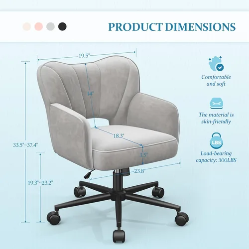 Miniatura 2 de DurayLoly Silla de tocador con ruedas y respaldo, silla de tocador de altura ajustable, sillas de escritorio cómodas para maquillaje, trabajo y Gris
