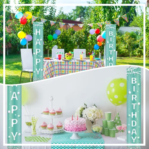 Miniatura 6 de Cartel de puerta de feliz cumpleaños plateado verde azulado con diamantes de imitación turquesa, decoración de cumpleaños azul claro dulce 16 feliz