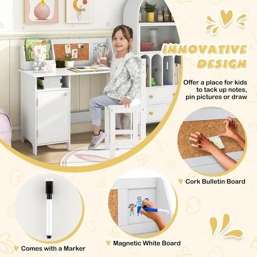 Miniatura 4 de Costzon Juego de escritorio y silla para niños, mesa de estudio de madera para niños con almacenamiento, gabinete, tablero de anuncios de corcho