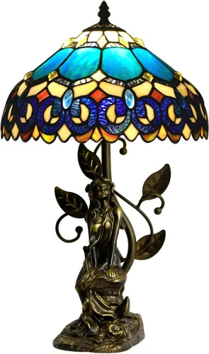 Tiffany - Lámpara de mesa con vitrales, 12 x 12 x 18.5 pulgadas, escultura de resina, luz de lectura antigua (joyería azul barroco) | Escultura de