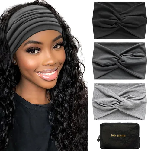 Miniatura 10 de S&N Remille Diademas anchas para mujer, banda para el cabello grande, diadema elástica antideslizante, accesorios con nudos torcidos, accesorios