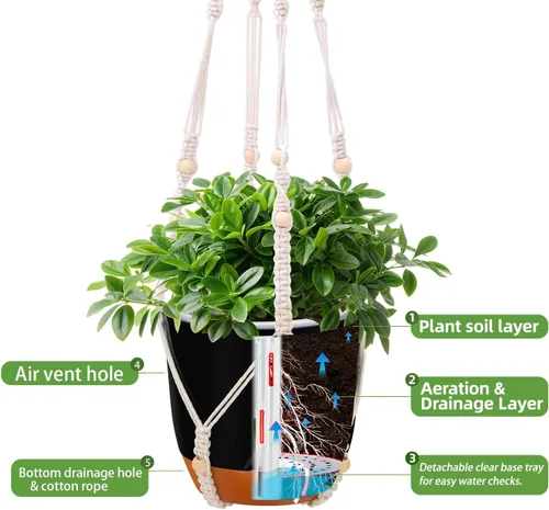 Miniatura 4 de Paquete de 2 macetas colgantes de riego automático de 7.2 pulgadas para plantas de interior y exterior, macetas colgantes de macramé de 34 pulgadas