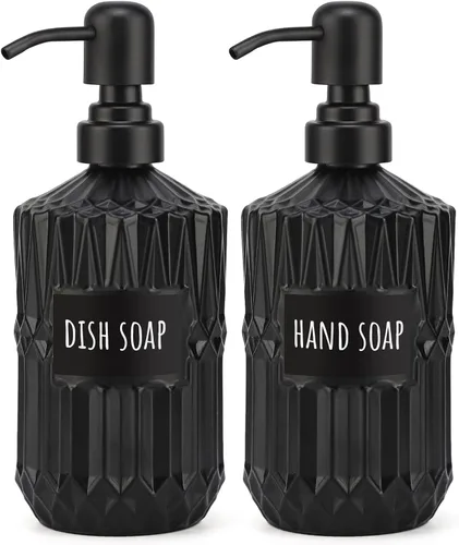 Segbeauty Dispensador de Jabón Negro, Juego de 2 Botellas de Bomba de Vidrio de 15.2oz con Etiquetas para Decoración de Granja, Juego de Dispensador