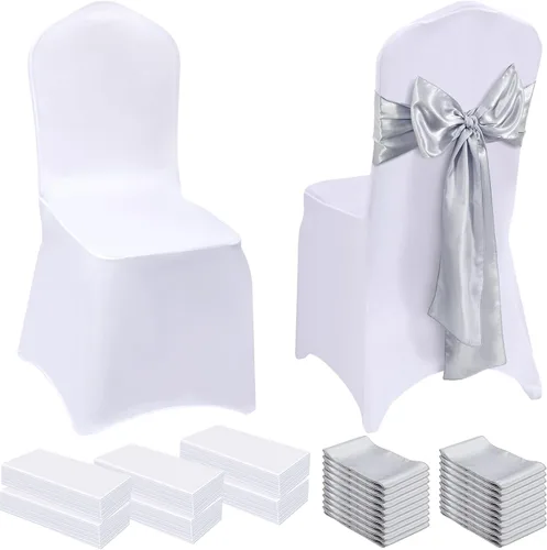 Miniatura 10 de Mepase Juego de 100 fundas blancas para sillas con 50 fundas elásticas de elastano para sillas de 50 sillas, lazos y fajas, funda ajustable blanco