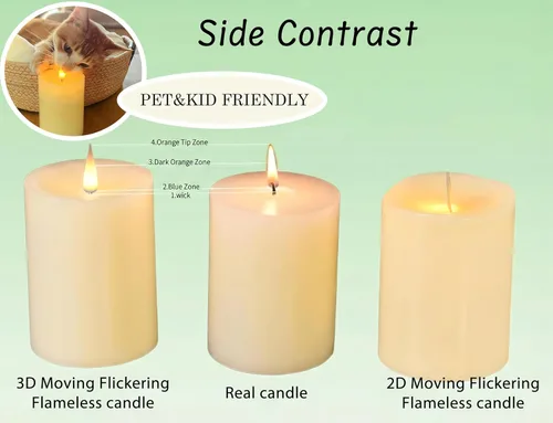 Miniatura 4 de Velas de pilar sin llama de cera de corteza marrón con temporizador remoto, velas LED de llama móvil 3D de hasta 400 horas con 2 pilas AA, juego