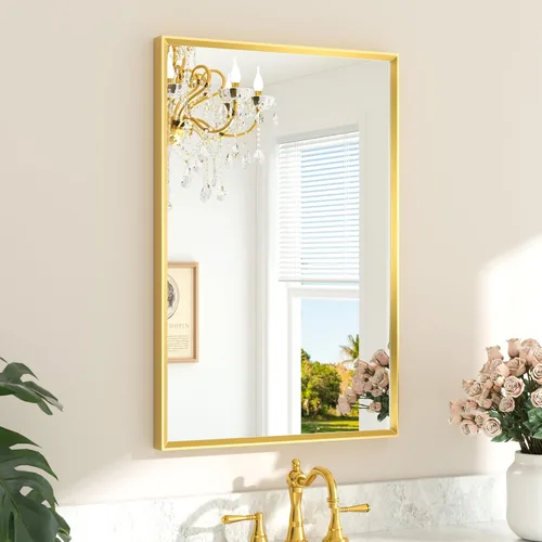 Miniatura 11 de TETOTE Espejo de Baño Dorado de 16" x 20" Latón Dorado Cepillado Rectangular con Marco Biselado Espejo de Tocador de Baño para Sobre el Lavabo