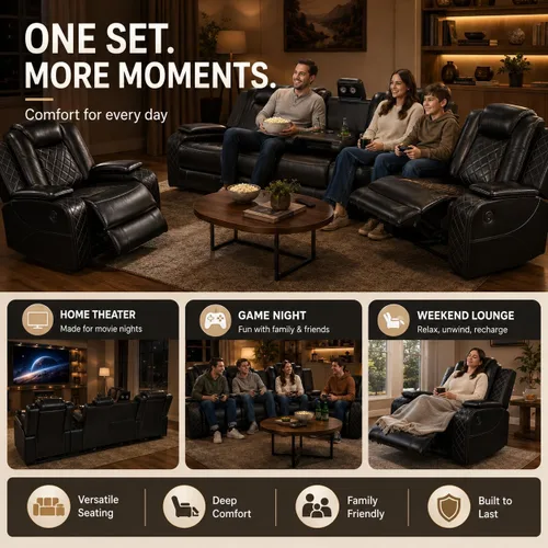 Miniatura 8 de Juego de sofá de cuero reclinable eléctrico, 3 piezas, asientos de cine en casa con luces LED, carga inalámbrica, puertos USB, consola de Negro