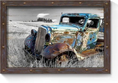 Miniatura 11 de SunFlax Arte de Lienzo de Pared de Carro Oxidado: Obra de Arte de Camión Azul Viejo Cuadro Rústico de Automóvil Pintura Vintage de Campo Antigua