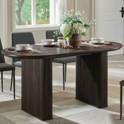 Miniatura 11 de T4TREAM Mesa de comedor ovalada acanalada de 63 pulgadas para 4-6, mesa de cocina moderna de mediados de siglo con borde grueso y base