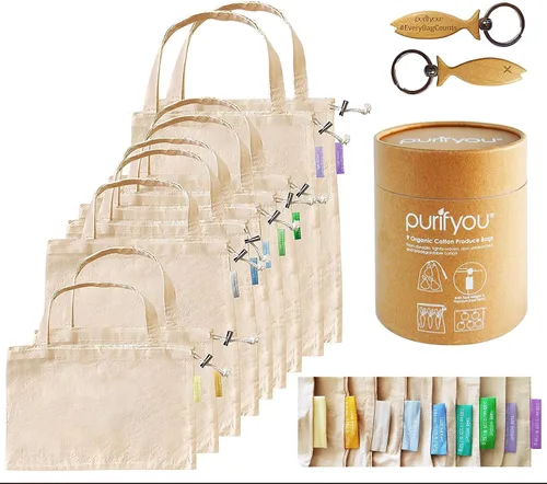Miniatura 9 de purifyou Juego de 9 mini bolsas de lona de algodón orgánico reutilizables con cordón para comprar comestibles, productos secos, artículos esenciales