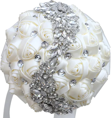 Miniatura 27 de XINNI Ramo de boda verde esmeralda para novia, dama de honor, satén rosa, ramo de boda con diamantes de imitación en forma de lluvia de meteoritos
