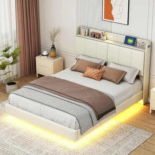 Miniatura 4 de Base de cama flotante de tamaño Queen, con luces LED de ambiente y carga USB, base de cama LED moderna tapizada de poliuretano con plataforma LED