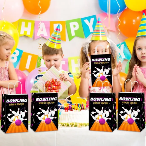 Miniatura 4 de Paquete de 12 bolsas de regalo con diseño de boliche para fiestas, bolsas de golosinas con mango para fiesta de cumpleaños con temática de boliche