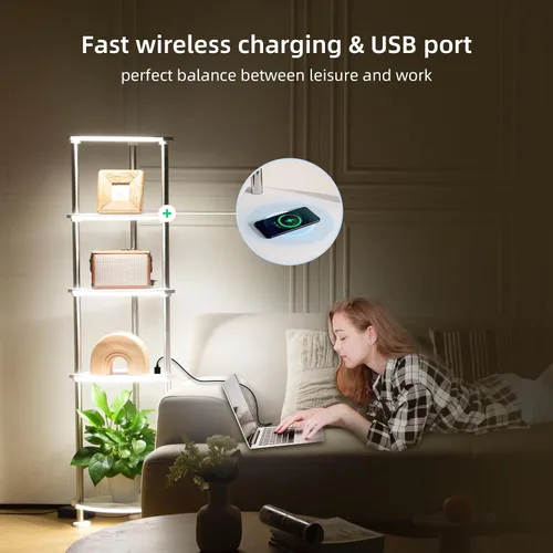 Miniatura 3 de Lámpara de pie con estantes de altura ajustable con sincronización de música LED lámpara de pie con estación de carga regulable y sincronización RGB