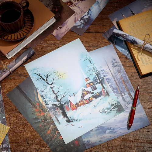 Miniatura 3 de PerKoop 48 hojas de papel vintage de invierno de 8.3 x 11.7 pulgadas, 12 estilos de servilletas de papel nevado de invierno para manualidades