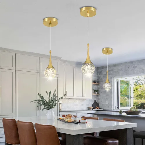 Lámpara colgante Flashing God de oro con 1 luz en forma de lágrima y cristal, lámpara colgante integrada con burbuja de cristal para isla de cocina,