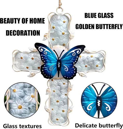 Miniatura 5 de COOZZYHOUR Decoración de pared de metal con cruz de metal y cristal, flor de hortensia azul, decoración para exteriores, interiores, hogar, jardín