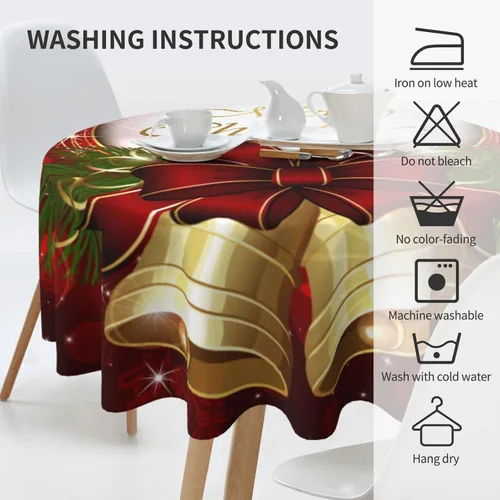 Miniatura 6 de Mantel redondo de 60 x 60 pulgadas con diseño de campanas de Navidad, de poliéster, resistente a las manchas y a las arrugas, mantel para cocina