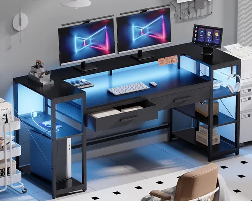 Miniatura 12 de Pamray Escritorio para computadora de 58 pulgadas con soporte para monitor y estantes, escritorio para juegos con luces LED y tomas de corriente