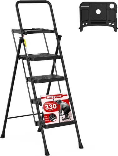 Miniatura 8 de HBTower Escalera de escalones. Taburete plegable con escalón ancho antideslizante, escalera de acero resistente, con un práctico pasamanos, ligera