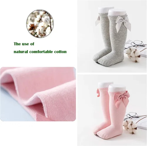 Miniatura 4 de Calcetines altos hasta la rodilla para bebés y niñas, con lazo, tubo con volantes, de algodón, calcetines largos para bebés y niños pequeños, 5 pares